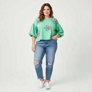 Oddy Boutique Boho Floral Embroidered Puff Sleeve Top Mint 3X